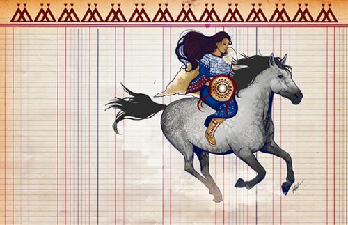 Artwork of Native American woman riding horse