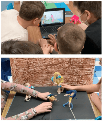 students creating digital motion art on computer and stop motion animation.  