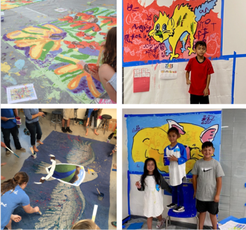 students working on murals and chalk art