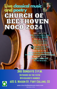 A close up of a violin with text overlayed regarding details about the Church of Beethoven Noco event